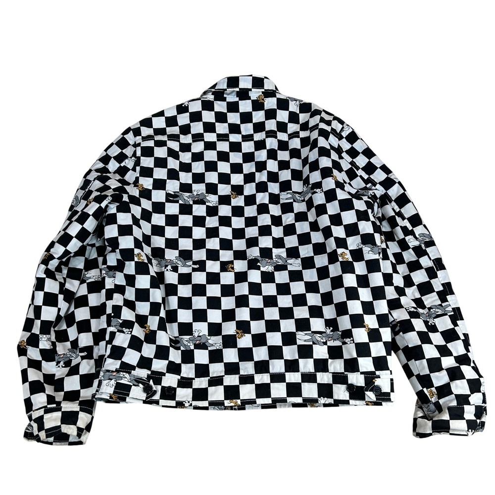 Tom and Jerry Mens Checkered Full Zip Graphic Trucker Jacket Black White Size M - Picture 2 of 8